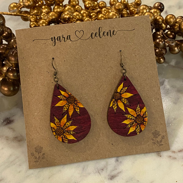 Sunflower Sketch Teardrop Earrings
