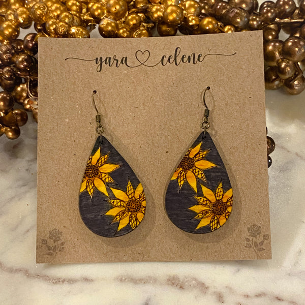 Sunflower Sketch Teardrop Earrings