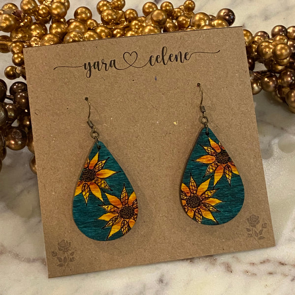 Sunflower Sketch Teardrop Earrings