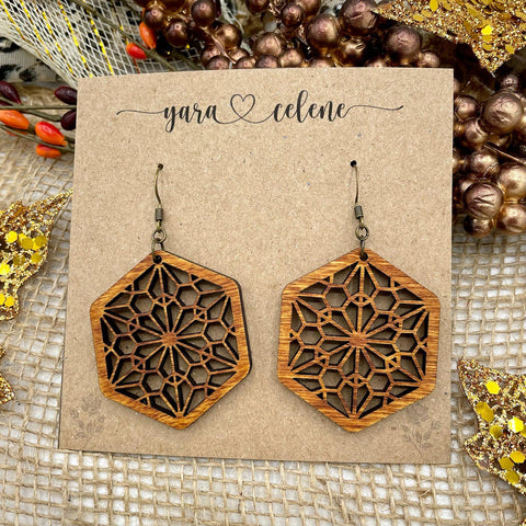 Hexagon Mandala Wooden Earrings